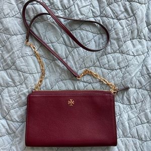 Burgundy Tory Burch Kira crossbody bag